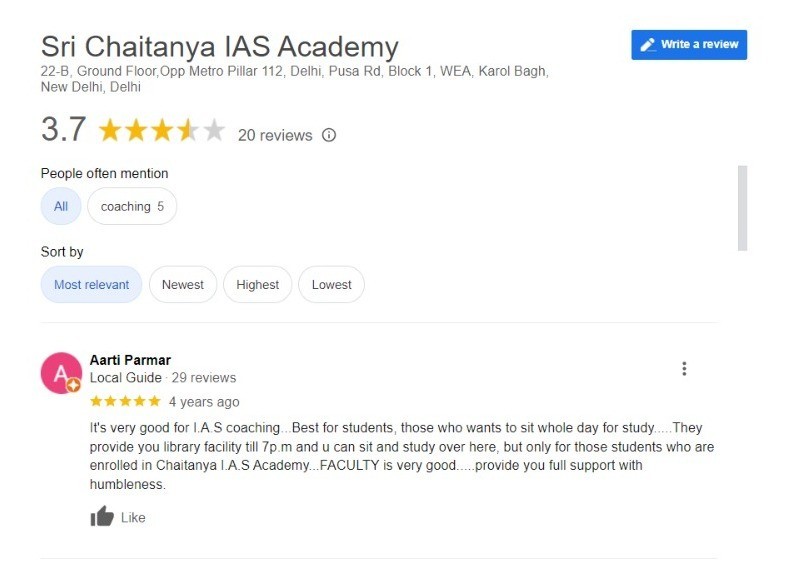 Sri Chaitanya IAS Academy in Delhi Reviews