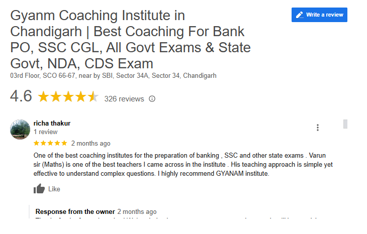 Gyanm Coaching Institute in Chandigarh Google Review
