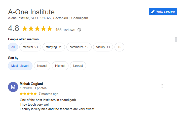 A-One Institute in Chandigarh Google Review