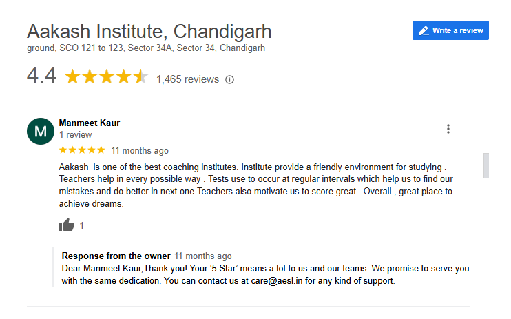 Aakash Institute, in Chandigarh Google Review