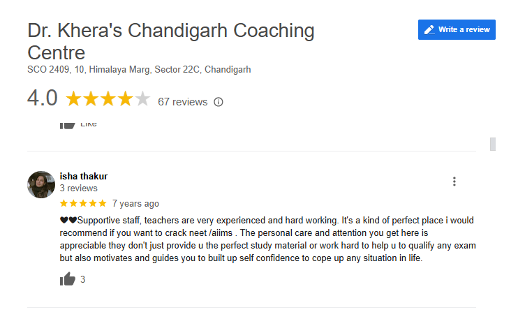 Dr. Khera's Chandigarh Coaching Centre Google Review