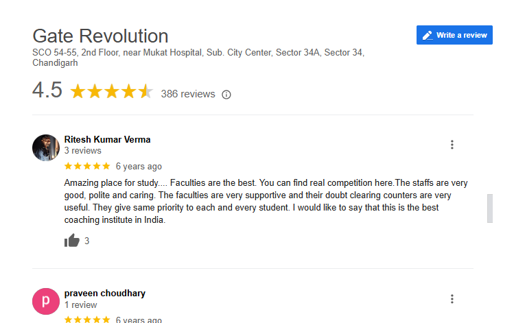 Gate Revolution Coaching in Chandigarh Google Reviews
