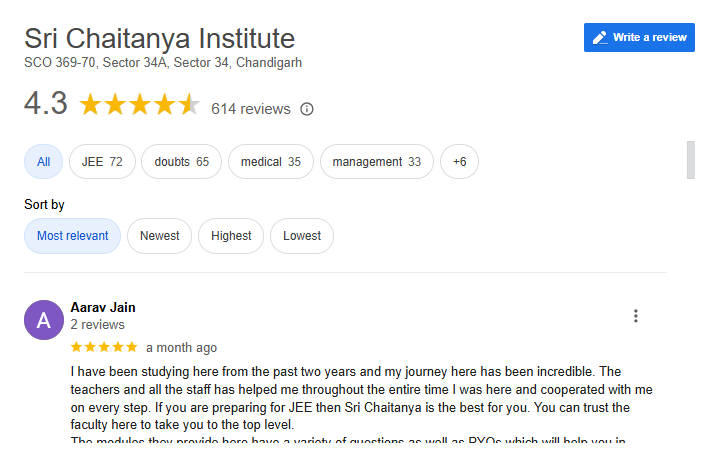 Sri Chaitanya Institute in Chandigarh Google Review