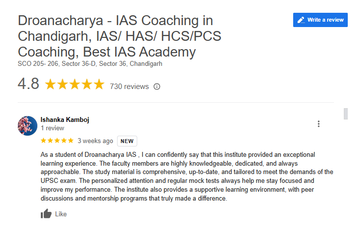 Droanacharya - IAS Coaching in Chandigarh google Review