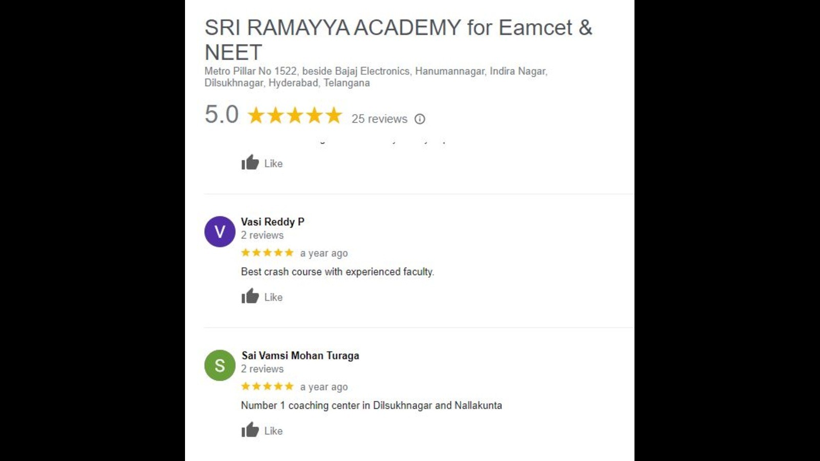 SRI RAMAYYA ACADEMY NEET Coaching in Hyderabad Google Review