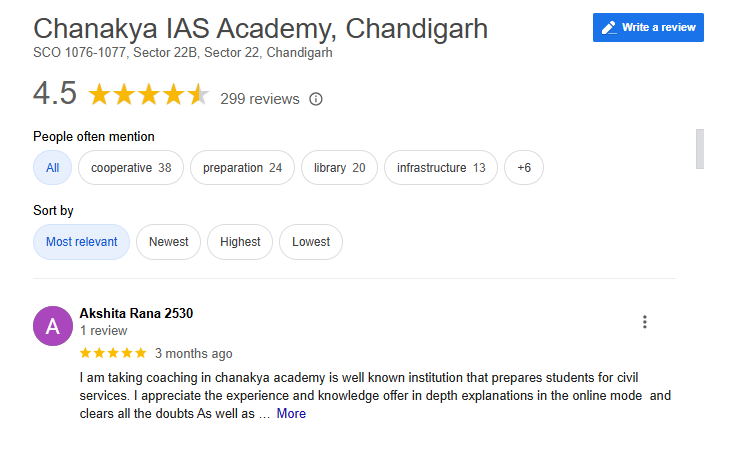 Chanakya IAS Academy in Chandigarh Google Review