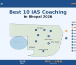 Best IAS coaching institutes in Bhopal 2026 banner — 10 institute pins across MP Nagar, Arera Colony, Jawahar Chowk