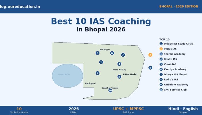 Best IAS coaching institutes in Bhopal 2026 banner — 10 institute pins across MP Nagar, Arera Colony, Jawahar Chowk