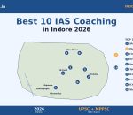 Best IAS coaching institutes in Indore 2026 banner — 10 institute pins across Vijay Nagar AB Road Bhawarkua