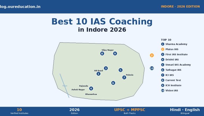Best IAS coaching institutes in Indore 2026 banner — 10 institute pins across Vijay Nagar AB Road Bhawarkua
