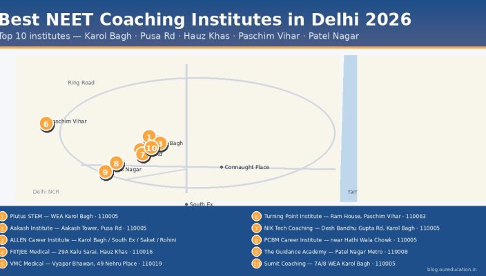 Map of Delhi showing top 10 best NEET coaching institutes — best NEET coaching in Delhi