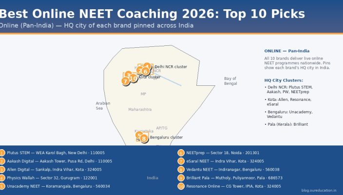 India map showing HQ cities of top 10 online NEET coaching institutes — best online NEET coaching