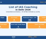 List of IAS coaching in Delhi 2026 comprehensive directory banner showing 7 locality clusters