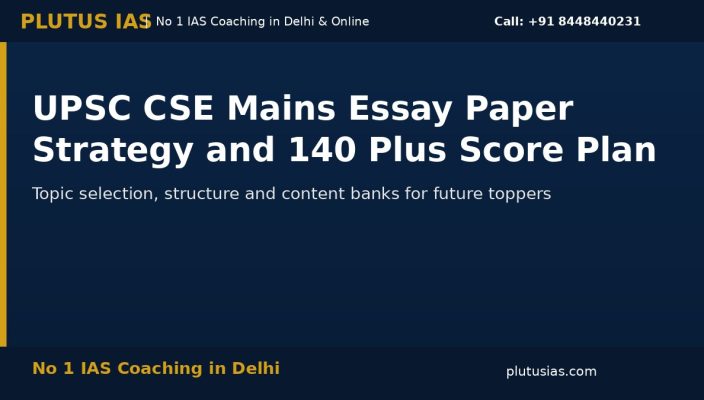 UPSC CSE Mains Essay Paper strategy infographic with PlutusIAS branding