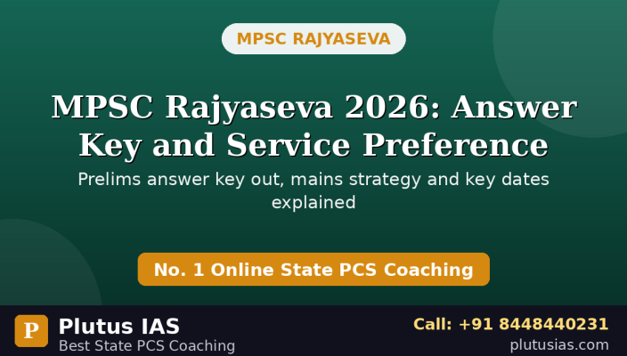 MPSC Rajyaseva 2026 answer key and service preference window banner by Plutus IAS