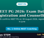 NEET PG 2026 exam date registration and counselling banner by Plutus STEM