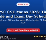 UPSC CSE Mains 2026 time table and exam day schedule banner by Plutus IAS