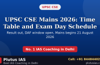 UPSC CSE Mains 2026 time table and exam day schedule banner by Plutus IAS
