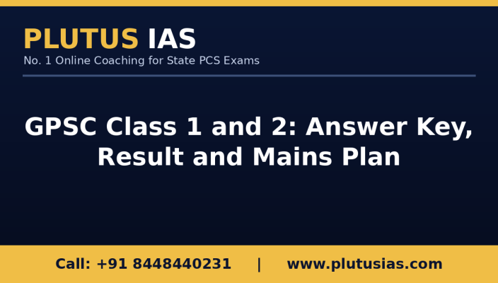 GPSC Class 1 and 2 answer key and result update banner by Plutus IAS