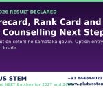 KCET result declared banner with KEA counselling steps by Plutus STEM, IIT JEE and NEET batches for 2027 and 2028