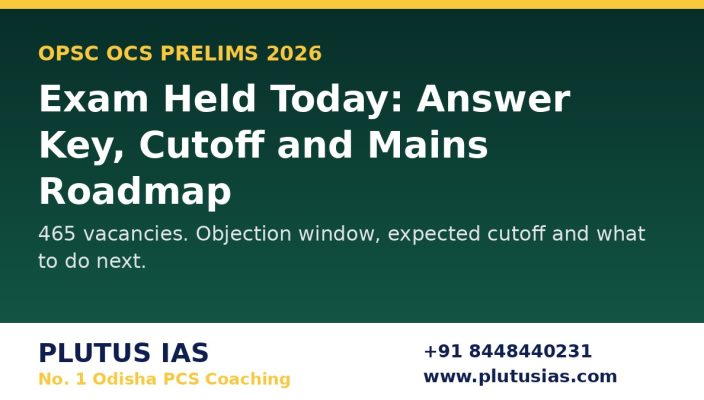 OPSC OCS Prelims answer key and expected cutoff banner by Plutus IAS, No 1 Odisha PCS coaching, phone 8448440231