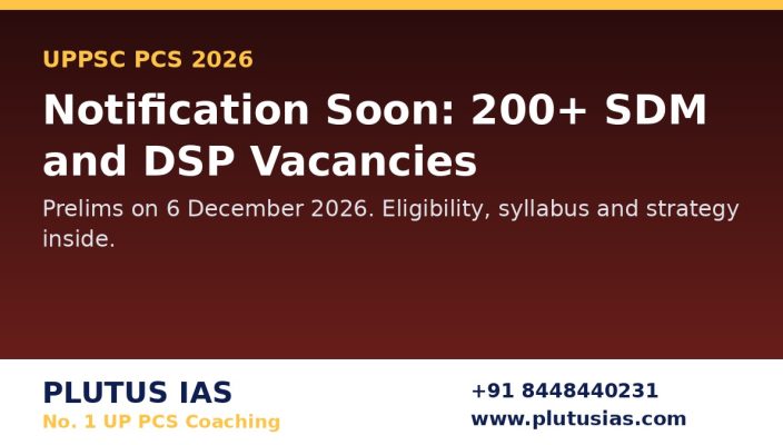 UPPSC PCS notification banner with SDM and DSP vacancies by Plutus IAS, No 1 UP PCS coaching, phone 8448440231