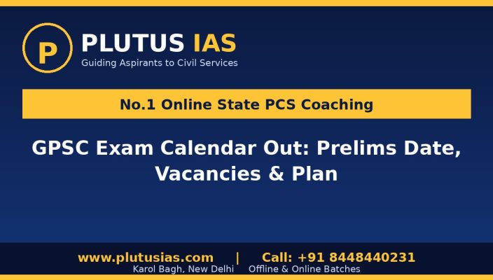 Plutus IAS banner for GPSC exam calendar and prelims preparation
