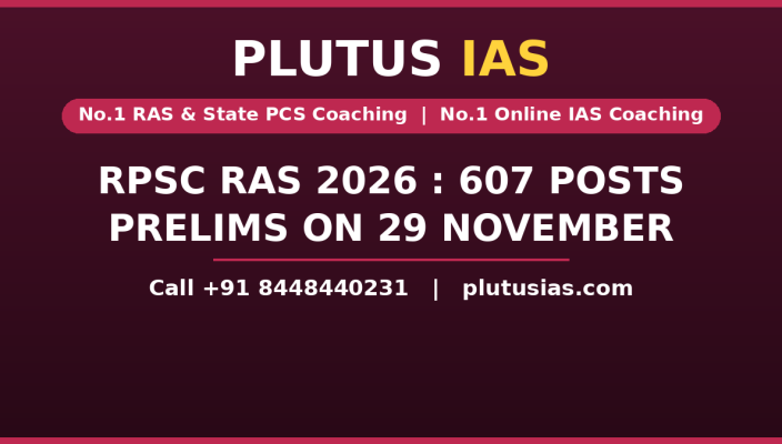 RPSC RAS notification 2026 with 607 vacancies banner by Plutus IAS