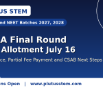 JoSAA final round seat allotment banner covering acceptance, partial fee payment and CSAB next steps by Plutus STEM with IIT JEE and NEET batches for 2027 and 2028