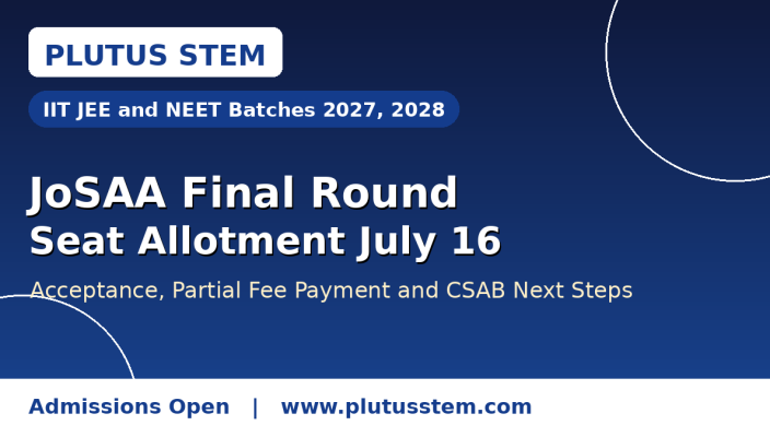 JoSAA final round seat allotment banner covering acceptance, partial fee payment and CSAB next steps by Plutus STEM with IIT JEE and NEET batches for 2027 and 2028