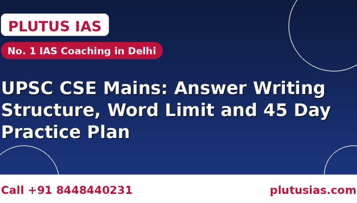 UPSC CSE Mains answer writing structure word limit and 45 day practice plan banner by Plutus IAS, No. 1 IAS coaching in Delhi