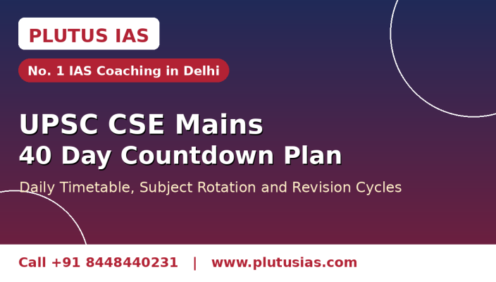 UPSC CSE Mains 40 day countdown plan banner with daily timetable and revision cycles by Plutus IAS, number one IAS coaching in Delhi