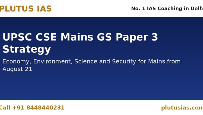 UPSC CSE Mains GS Paper 3 strategy banner by Plutus IAS, No. 1 IAS coaching in Delhi